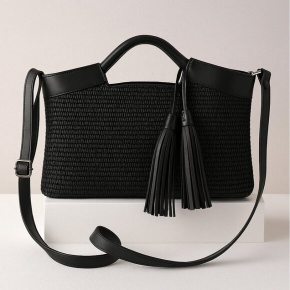 Carner Hill Woven Handbag Leather Trim Tassel Accent Shoulder Purse Structur - Picture 1 of 16